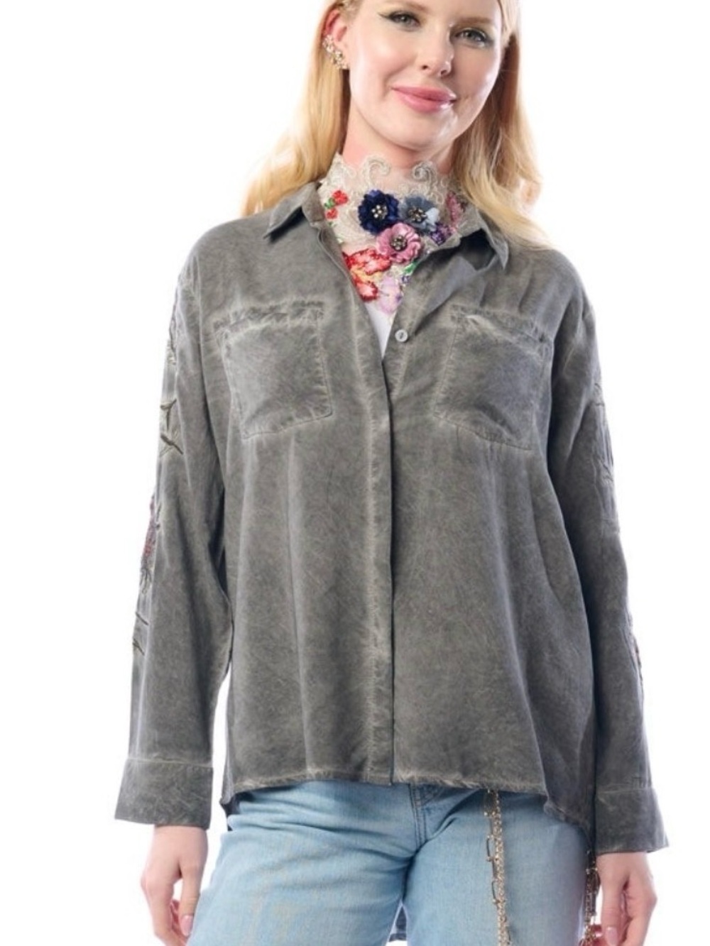 Aratta Silent Journey Button-Down Shirt - Relaxed Embroidered Long Sleeve #449